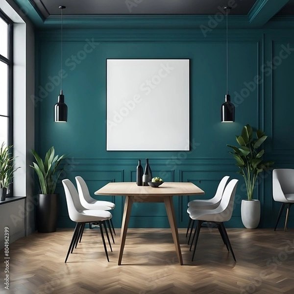 Fototapeta  Meeting area or dining room with large black round table and teal cyan chairs. Empty wall turquoise azure paint color accent. Dinning modern kitchen interior home or café. Mockup for art. 3d render 