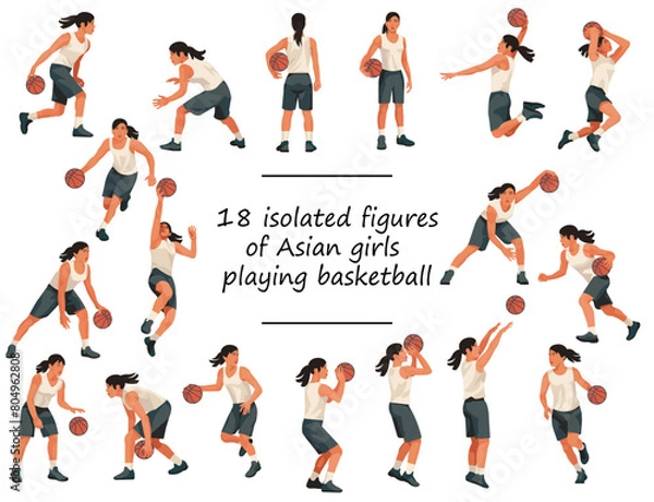 Obraz 18 Asian women's basketball girl players in white uniforms standing with the ball, running, jumping, throwing, shooting, passing the ball