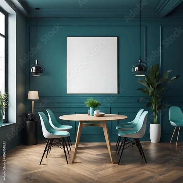 Fototapeta  Meeting area or dining room with large black round table and teal cyan chairs. Empty wall turquoise azure paint color accent. Dinning modern kitchen interior home or café. Mockup for art. 3d render 