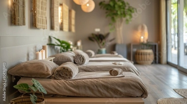 Obraz Spa room inside a stylish room with massage table in a spa salon. Professional massage room with towels neatly placed on the bed