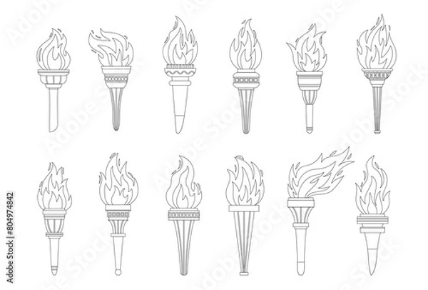 Fototapeta Vector burning flame torches black line set icons isolated on white background. Sport flat style games victory outline symbols collections. Winner abstract sign