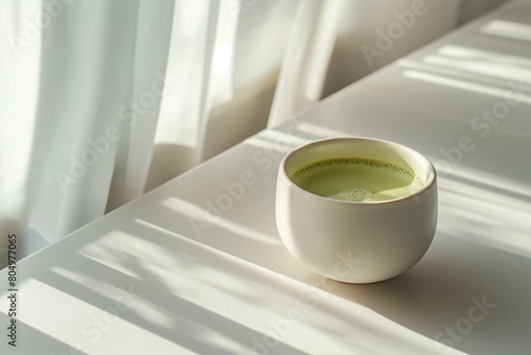 Fototapeta Matcha Latte Morning Breakfast Coffee, Cafe Table Backdrop Background Neutral Minimalist Simple Minimal Color, Beige, Tan, White