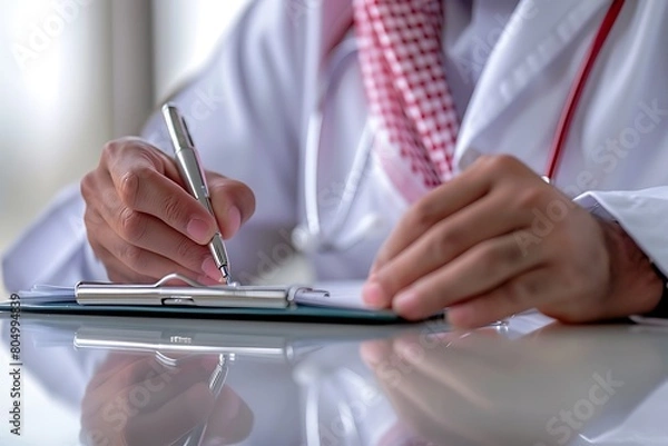 Fototapeta Saudi Gulf Arab man wearing a shemagh and white traditional dress, wearing a medical coat and a medical stethoscope in the hospital is writing a prescription for a patient on white background.