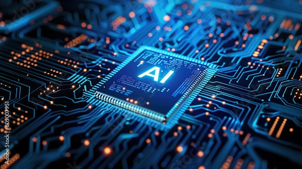 Fototapeta Artificial intelligence chip concept attached to digital circuit board, Generative Ai illustration