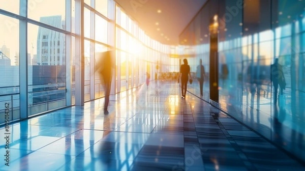 Fototapeta long exposure shot of a crowd of business people walking in a bright office lobby, fast-moving with blurriness. 