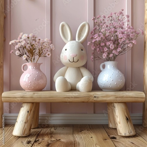 Fototapeta Dolls and children's toys are neatly arranged against a pink wall background, a minimalist, child-friendly room concept for small families