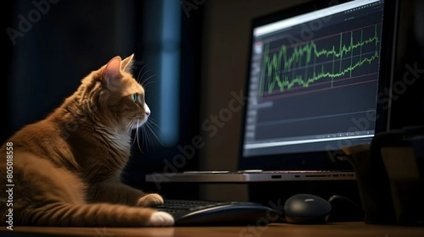 Fototapeta A business-savvy cat reviewing financial charts with a sleek laptop in a sophisticated office
