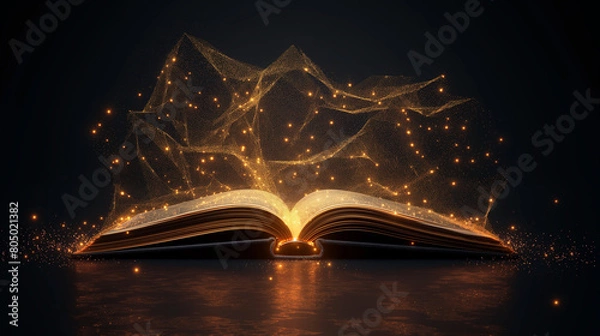 Fototapeta Open book side view with shining pages. Magic book. Low polygonal and wireframe from dots and lines.