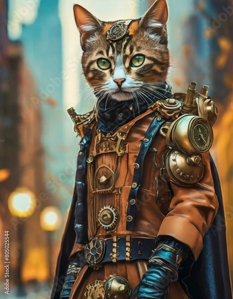 Fototapeta スチームパンクな世界で繁華街に立っている猫のバウンティハンター