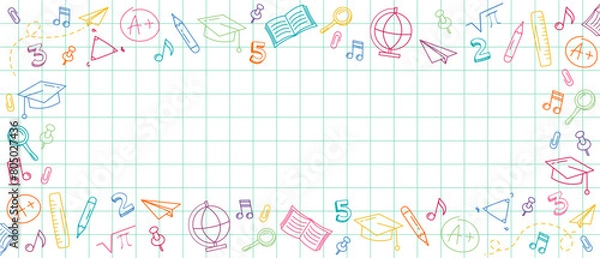 Fototapeta Welcome Back to school Horizontal banner, doodle on checkered paper background, vector illustration. Colorful Scribbles on  notebook sheet. Vector illustration in linear style