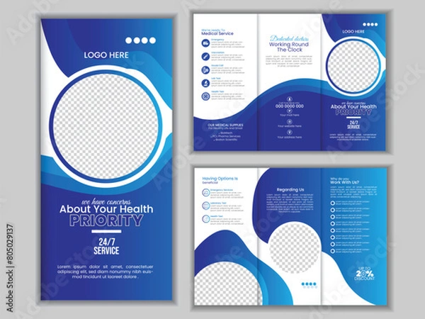 Obraz Clinic or healthcare advertising 4 page bifold brochure vector template design.