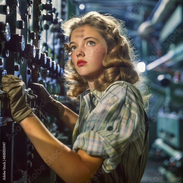 Fototapeta Woman Defense Worker During World War II.  Generated Image.  A digital rendering of a woman defense worker during World War II.  Rosie the Riveter.  