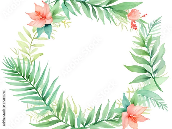 Fototapeta Colorful photo frame made of pink flowers and green leaves in summer. Suitable for decoration on a white background.