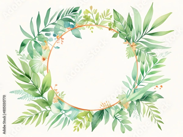 Fototapeta Tropical colorful photo frame with various green leaves consisting of fern, palm, chamaedorea elegans. and eucalyptus on a white background