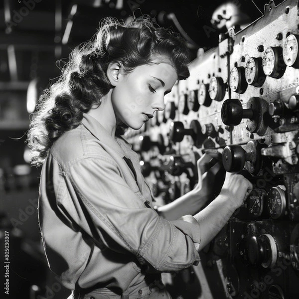 Obraz Woman Defense Worker During World War II.  Generated Image.  A digital rendering of a woman defense worker during World War II.  Rosie the Riveter.  