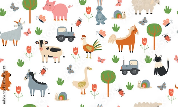 Obraz Farm animals pattern on white background, vector illustration