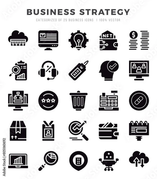 Fototapeta Business Strategy elements. Glyph web icon set. Simple vector illustration.