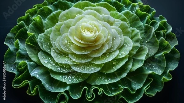 Fototapeta   Close-up of a large green flower with water droplets on its petals and leaves against a black backdrop