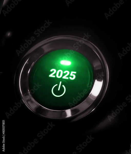 Fototapeta 2025 Button New Year Style background with glowing red light. Power button to new year concept design