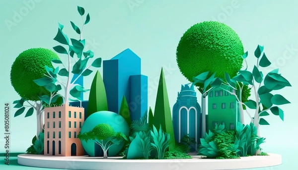 Obraz Mock up green city layout with paper, alternative energy. Generative AI.
