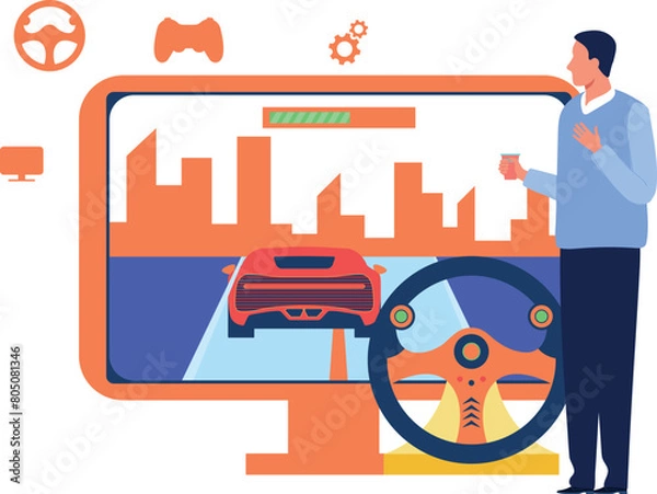 Fototapeta Boy playing racing game on monitor.