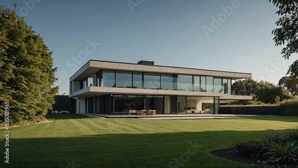 Fototapeta minimalist modern house with a large lawn and a tree in the foreground