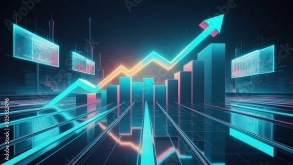 Obraz A illustration of an upward-trending graph, representing the steady increase in income over time. Backdrop of a bustling urban cityscape, with towering skyscrapers and bright city lights illuminating 