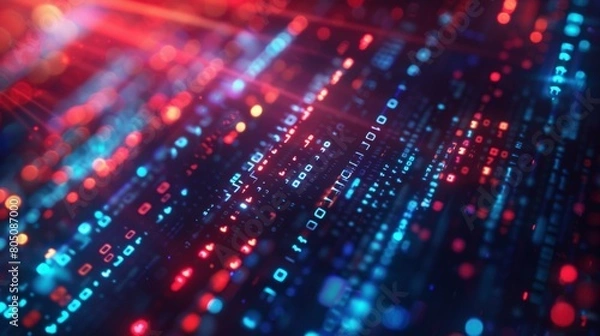 Fototapeta Digital binary code background with glowing light rays and data flowing through the screen, creating an abstract tech concept.