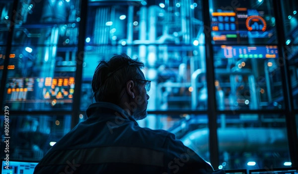 Fototapeta A person operating an oil and gas plant through remote control on multiple screens, with glowing blue pipes in the background, symbolizing energy management and modern industry technology. 