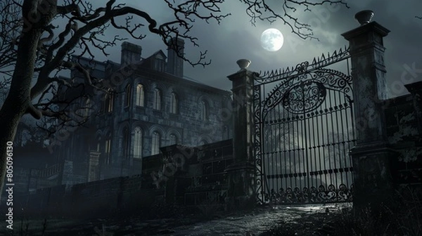 Fototapeta A large wrought iron gate is in the foreground with a long driveway leading up to a creepy mansion