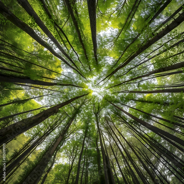 Fototapeta Immersive and tranquil forest canopy perspective with lush greenery. Providing a stunning upward view of the dense woodland