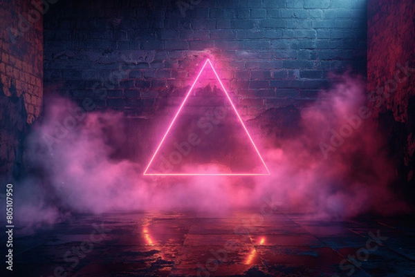 Obraz Advertising for club, pub, dance studio. Pink neon triangle glowing brightly in a dark smoke room, creating a vibrant contrast against the surrounding shadows