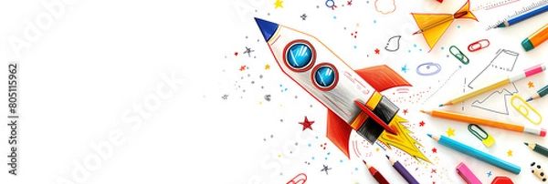 Fototapeta Fusée en crayons de couleur et fournitures scolaires sur fond blanc (variation)