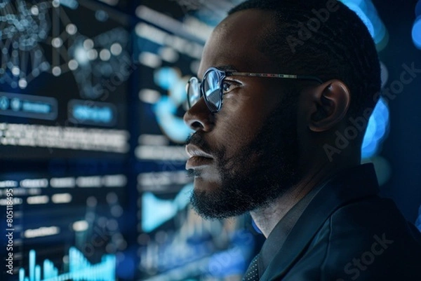 Fototapeta African American IT specialist monitoring digital security threats, blue tech overlays, and matrix visuals, emphasizing cybersecurity and tech integration, with copy space.