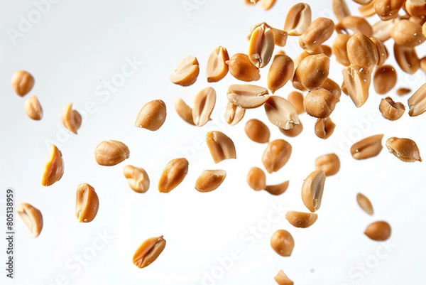Fototapeta floating peanuts in the air on white background generated.Ai