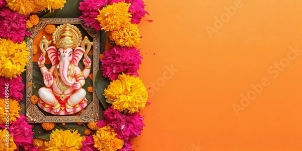 Fototapeta Activity picture with frame about Ganesh Chaturthi on the left on festive Background, On the right is free space for text
