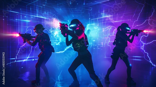 Fototapeta Kids playing Laser Tag. Poster with copy space.