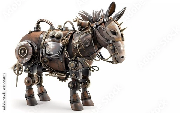 Fototapeta Render of a 3D illustration of a steampunk metal donkey, on a white background