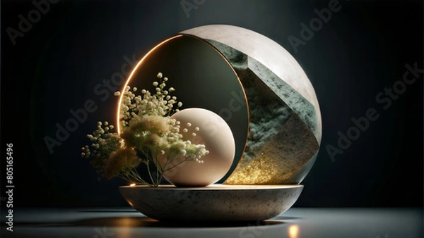 Fototapeta Artistic still life of a textured sphere, half in shadow, half in light, with delicate flowers and a glowing circle. Stone interior installation , flower pot concept.