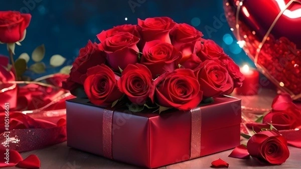 Obraz A futuristic Valentine's Day scene with vibrant red roses and a beautifully wrapped gift, set against a romantic background.