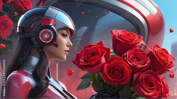 Obraz Step into a world of romance and technology with a visually descriptive prompt of a futuristic Valentine's Day setting, complete with a bouquet of red roses and a beautifully rendered gift.