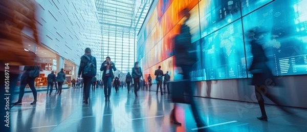 Fototapeta Fast movement and blurred business people in A bustling corporate lobby with business professionals networking, exchanging ideas beside a digital interactive wall displaying real-time market analytics