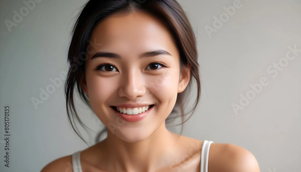 Fototapeta A young, smiling Asian woman with long, dark hair and a warm, friendly expression isolated on a flat plain background