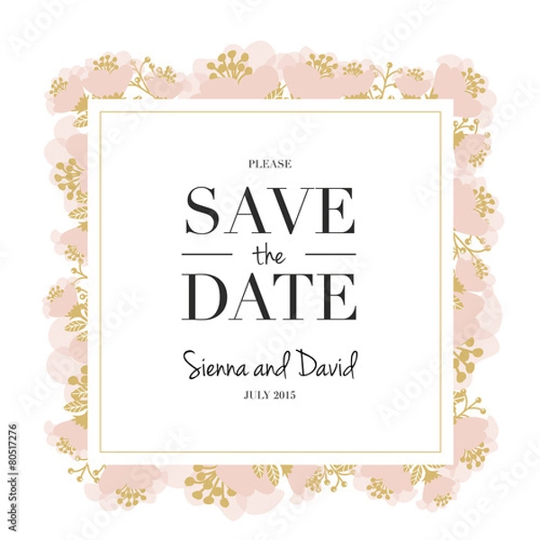 Fototapeta Save the Date Card with floral and gold frame. Vector design.