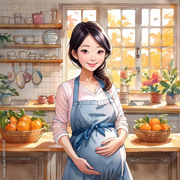 Obraz 요리하는 임산부, 앞치마입은 임산부