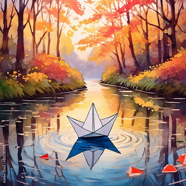 Obraz 종이배, 강가에 떠있는 종이배