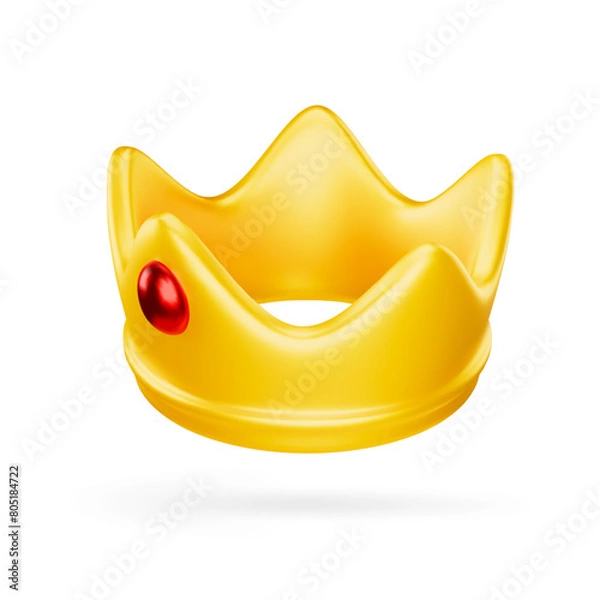Obraz Cute 3d cartoon style royal golden crown with red gem isolated on white background. Royal insignia. Design element for regal, luxury, or fantasy concepts. Vector illustration of 3d render.