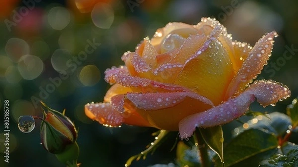 Fototapeta   A tight shot of a yellow rose, dewdrops adorning its petals, backdrop softly blurred