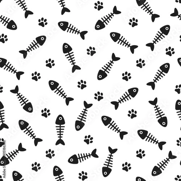 Obraz Black domestic pet's paws prints and fish bones on white background. Vector seamless pattern.