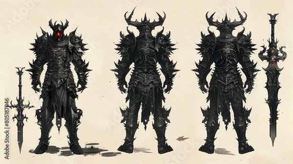 Fototapeta Step into the shadows with this trio of demonic knights, armored in black with fiery red accents, exuding an aura of invincible power.